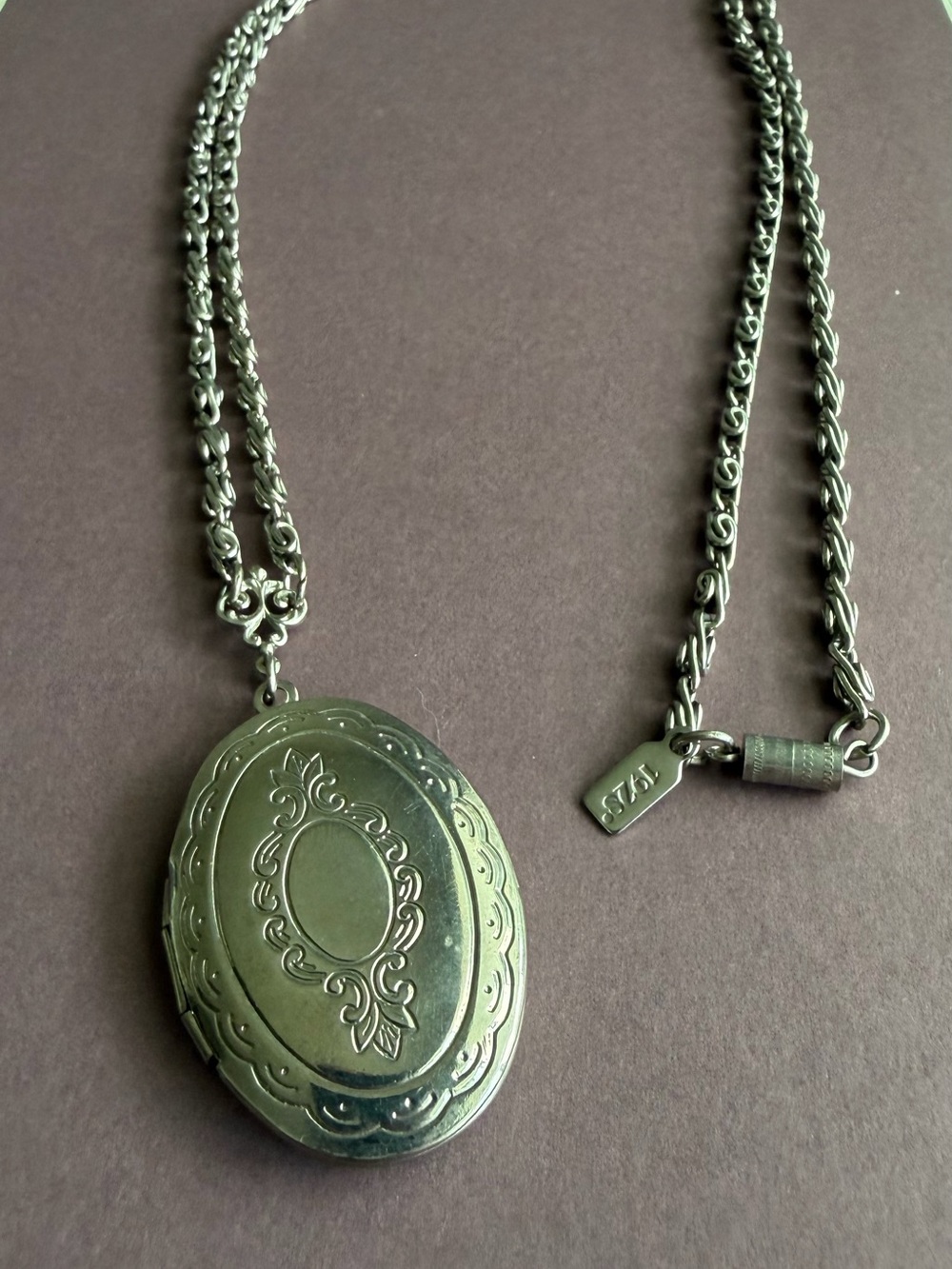 1928 Silver-Tone Engraved Oval Locket Necklace